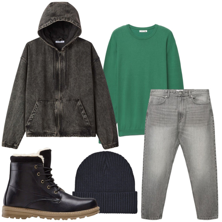 Outfit uomo - Urban style. Stile Casual per Tutti i giorni. Abbinamento con berretti, jeans, maglieria, cappotti, stivali e stivaletti.
