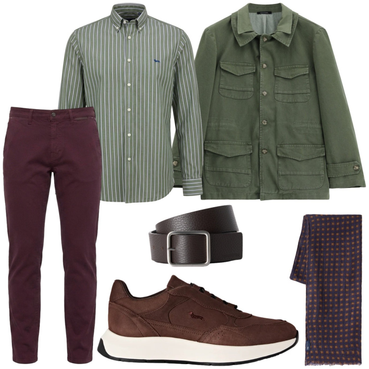Outfit uomo - Colori bosco autunnale. Stile Trendy per Tutti i giorni. Abbinamento con sneakers, pantaloni, camicie, cinture, sciarpe, cappotti.