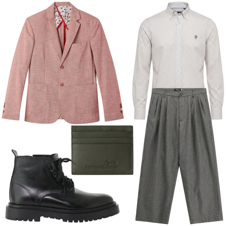 Outfit uomo - Eleganza sportiva. Stile Casual per Tutti i giorni. Abbinamento con camicie, portafogli, pantaloni, anfibi, giacche.