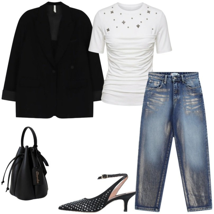Outfit donna - Total look #2476193. Stile Trendy per Tutti i giorni. Abbinamento con décolleté, blazer, t-shirt, jeans, borse a secchiello.
