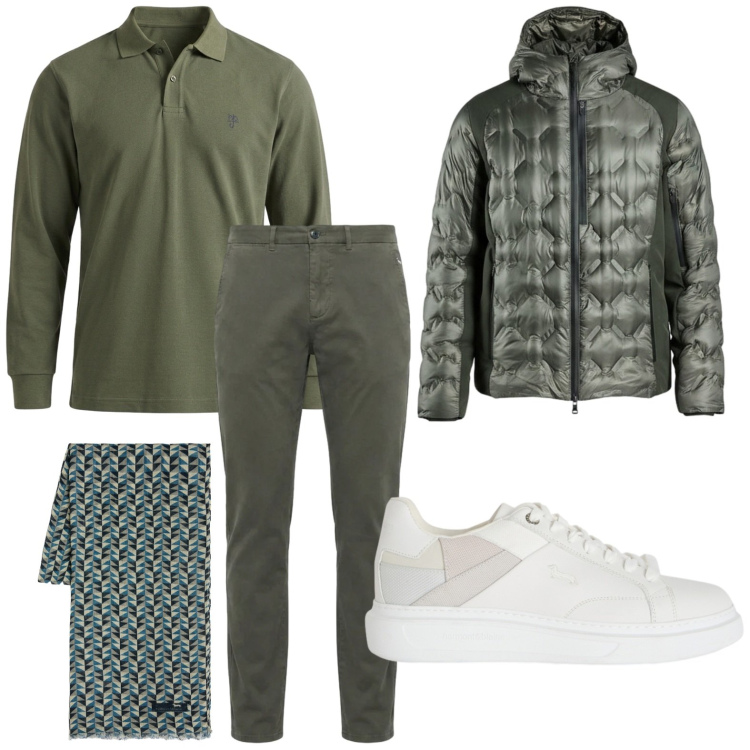 Outfit uomo - Green fashion. Stile Trendy per Tutti i giorni. Abbinamento con polo, pantaloni, sneakers, sciarpe, piumini.