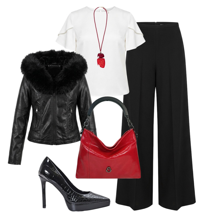 Outfit donna - Raffinata per l’apericena. Stile Glamour per Serata fuori. Abbinamento con décolleté, bluse, ciondoli, borse a mano, giacche, pantaloni a palazzo.