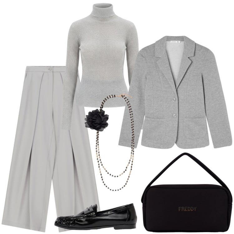 Outfit donna - Business style. Stile Chic per Ufficio. Abbinamento con mocassini, blazer, pantaloni a palazzo, maglieria, borse a mano, collane.