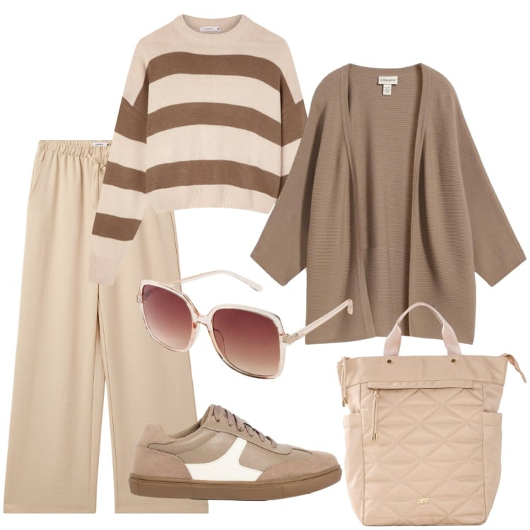 Outfit donna - Stile rilassato. Stile Casual per Tutti i giorni. Abbinamento con occhiali da sole, cardigans, sneakers, zaini, pantaloni, maglieria.