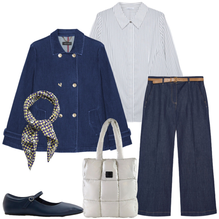 Outfit donna - Trench leggero. Stile Casual chic per Ufficio. Abbinamento con ballerine, foulard, shopping bag, jeans, trench, camicie.