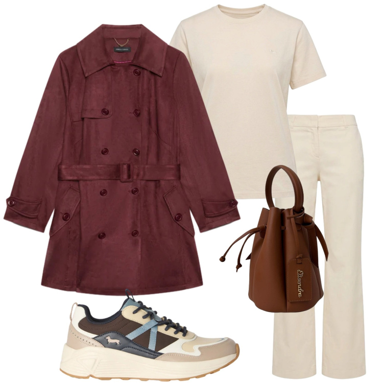 Outfit donna - Trench leggero. Stile Urban per Tutti i giorni. Abbinamento con pantaloni, sneakers, t-shirt, trench, borse a secchiello.