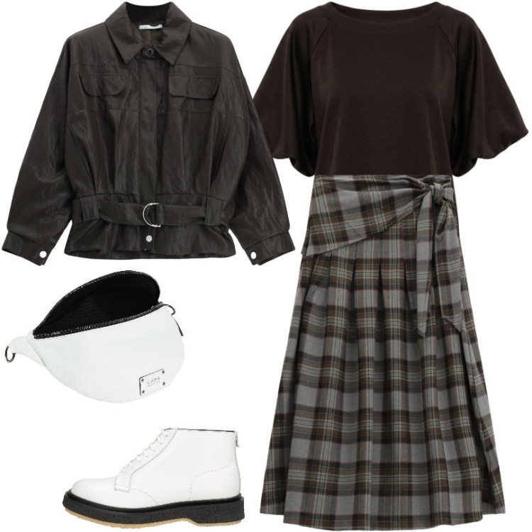 Outfit donna - Total look #2476206. Stile Urban per Tutti i giorni. Abbinamento con marsupi, stivaletti, t-shirt, bomber, gonne longuette.