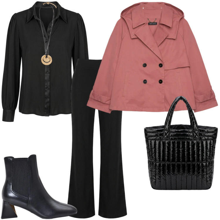 Outfit donna - Trench leggero. Stile Urban per Ufficio. Abbinamento con stivaletti, borse a mano, ciondoli, trench, camicie, pantaloni.