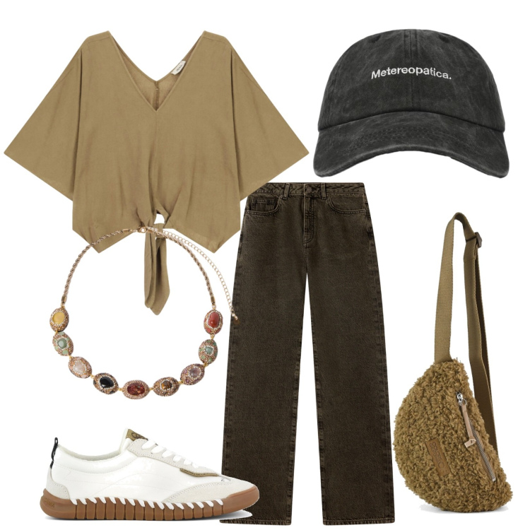 Outfit donna - Early Autumn vibes. Stile Casual per Scuola/Università. Abbinamento con jeans dritti, cappelli con visiera, bluse, collane, marsupi, sneakers.