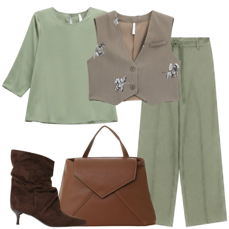 Outfit donna - Salvia. Stile Casual chic per Ufficio. Abbinamento con bluse, pantaloni a palazzo, gilet, borse a mano, stivali.