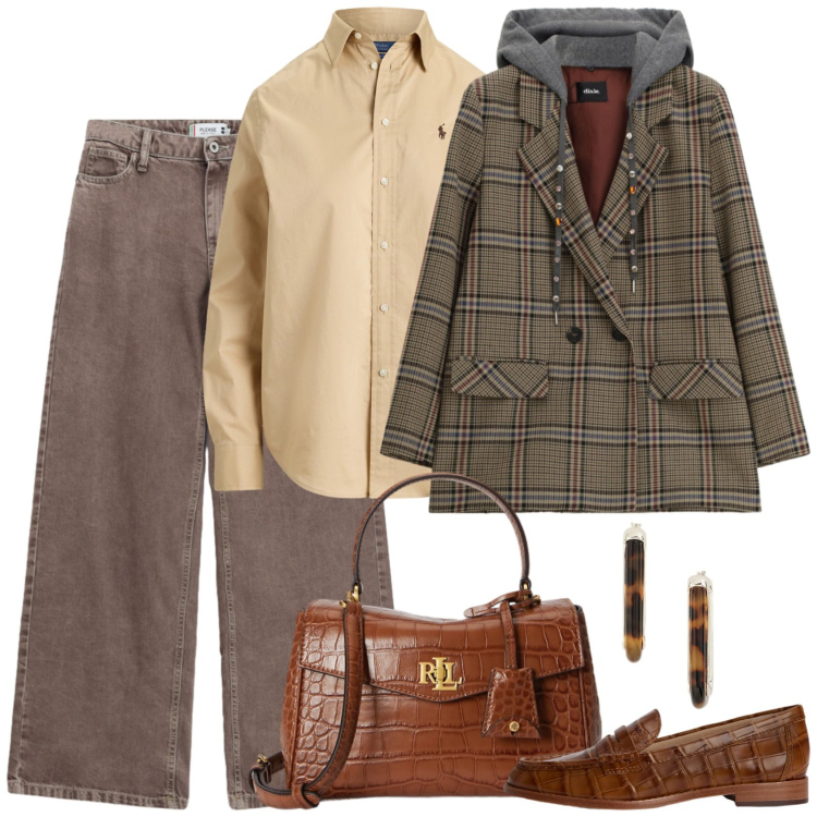 Outfit donna - Proporzioni. Stile Mannish per Ufficio. Abbinamento con jeans dritti, blazer, mocassini, orecchini, borse a mano, camicie.
