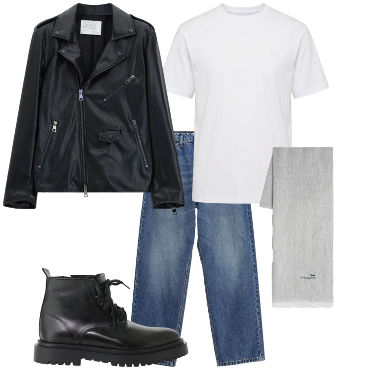 Outfit uomo - Total look #2476217. Stile Biker Rock per Tutti i giorni. Abbinamento con t-shirt, sciarpe, jeans, giacche, anfibi.