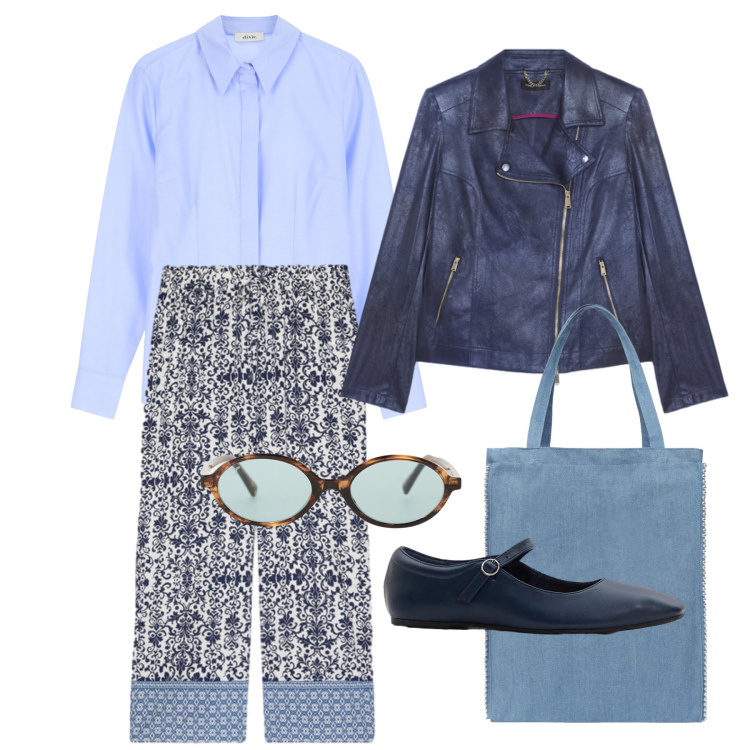 Outfit donna - Settembre. Stile Trendy per Ufficio. Abbinamento con ballerine, borse tote, occhiali da sole, camicie, blazer, pantaloni.