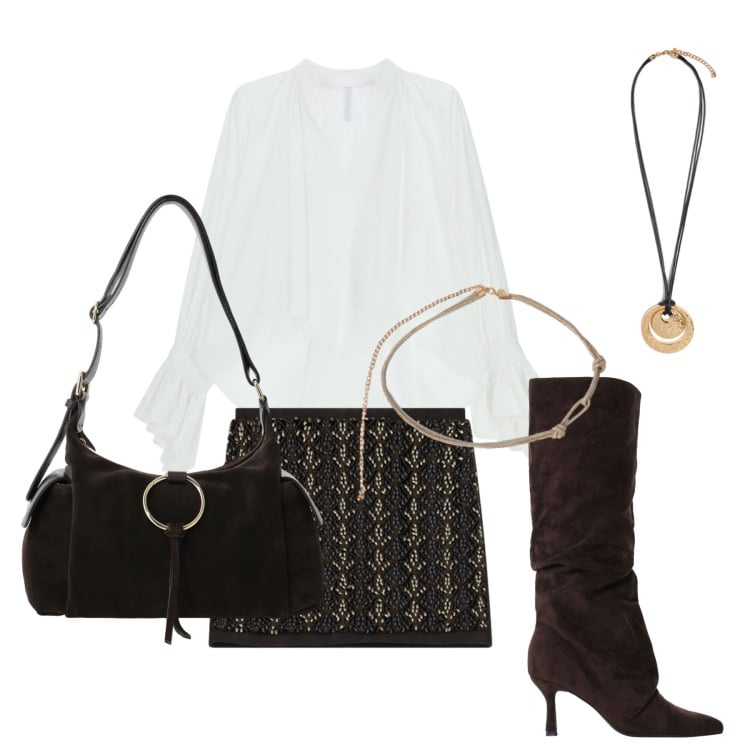 Outfit donna - Settembre. Stile Chic per Tutti i giorni. Abbinamento con borse a spalla, stivali, minigonne, camicie, cinture, ciondoli.