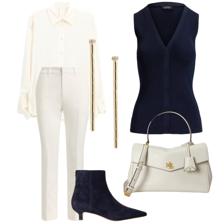 Outfit donna - My office style. Stile Chic per Ufficio. Abbinamento con camicie, borse a mano, orecchini, pantaloni, cardigans, stivaletti.