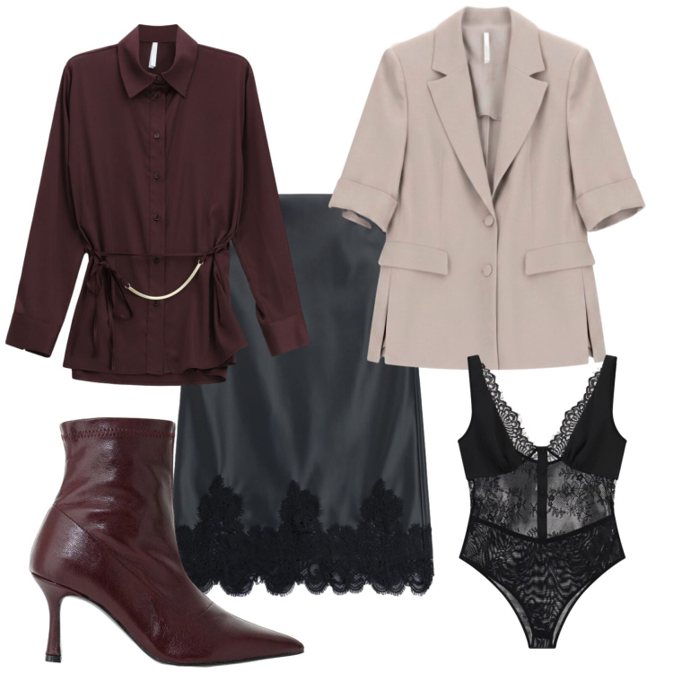 Outfit donna - Total look #2476223. Stile Urban per Tutti i giorni. Abbinamento con camicie, gonne longuette, stivaletti, body, blazer.