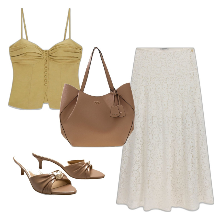 Outfit mujer - Romantica. Estilo Romántica para Todos los días. Combinación con sandalias de piel, falda longuette, top, bolso shopper.