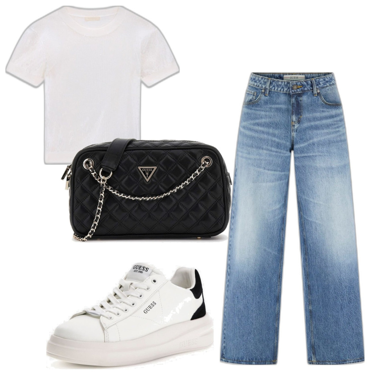 Outfit mujer - Basic look. Estilo Basic para Todos los días. Combinación con sneakers, bolsos de mano, vaqueros rectos, prendas de punto.