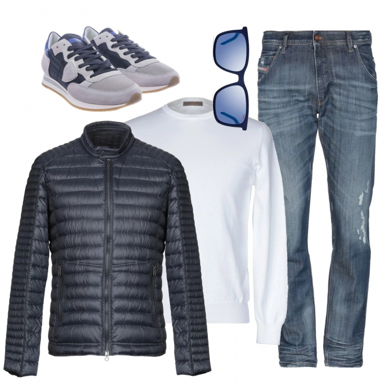 Outfit uomo - Easy. Stile Urban per Tutti i giorni. Abbinamento con piumino, jeans delavé con zip tinta unita.