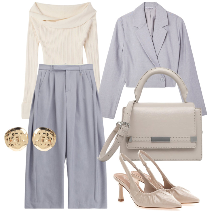 Outfit donna - Settembre. Stile Chic per Ufficio. Abbinamento con maglieria, blazer, borse a tracolla, pantaloni a palazzo, orecchini, décolleté.