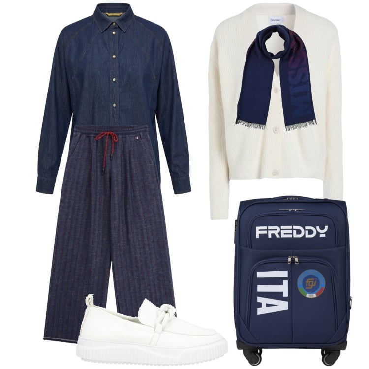 Outfit donna - Parto per il weekend. Stile Casual per Tutti i giorni. Abbinamento con mocassini, sciarpe, cardigans, camicie, pantaloni a palazzo, valigie.