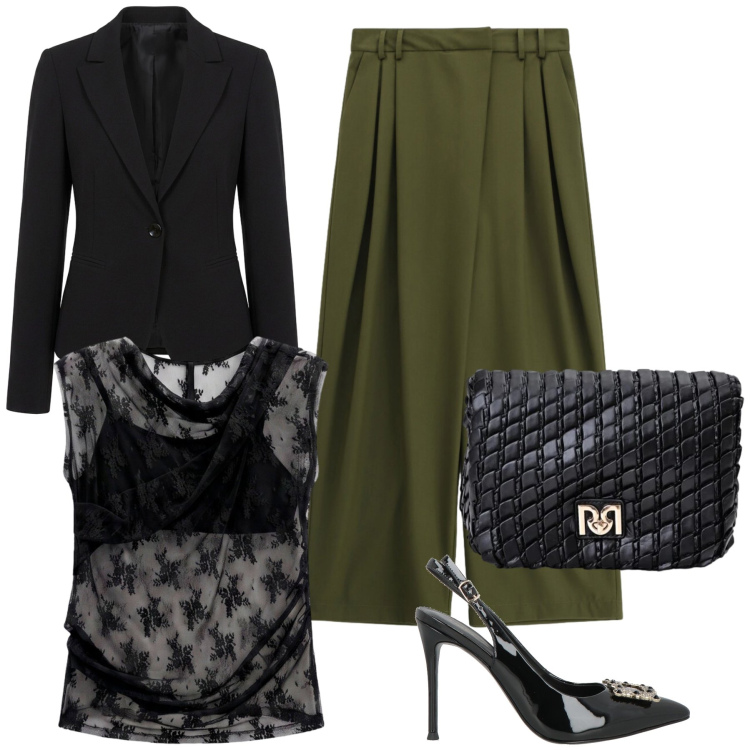 Outfit donna - Total look #2476235. Stile Glamour per Serata fuori. Abbinamento con décolleté, top, pantaloni a palazzo, blazer, borse a tracolla.