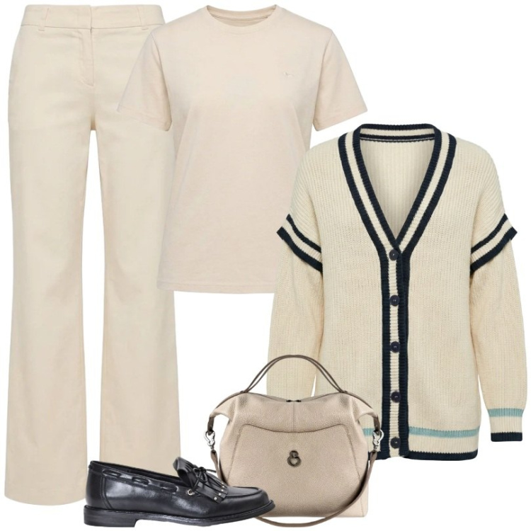 Outfit donna - Harmont&Blaine. Stile Casual per Tutti i giorni. Abbinamento con pantaloni, cardigans, t-shirt, mocassini, borse a mano.