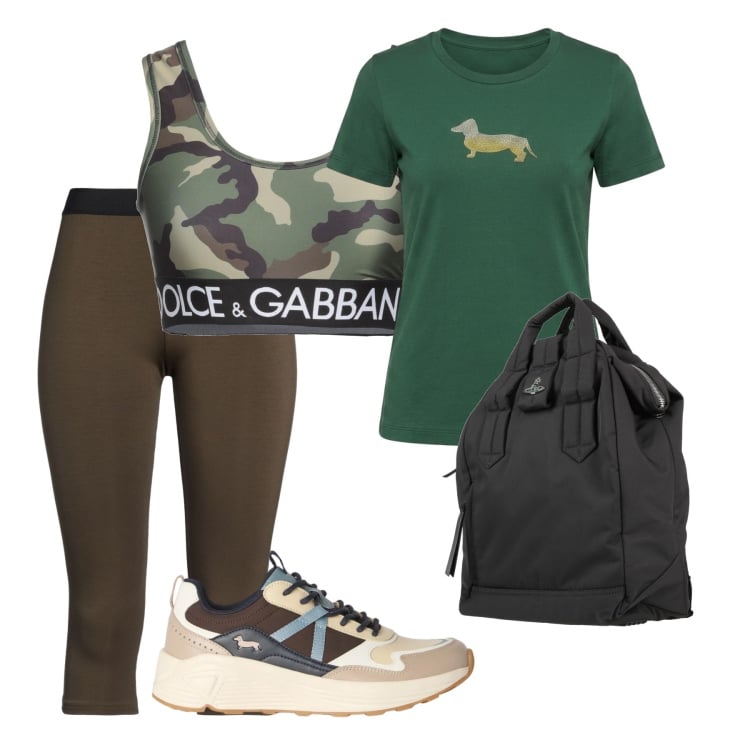 Outfit donna - Total look #2476237. Stile Sporty chic per Sport. Abbinamento con zaini, top sportivi, leggings sportivo, sneakers, t-shirt.