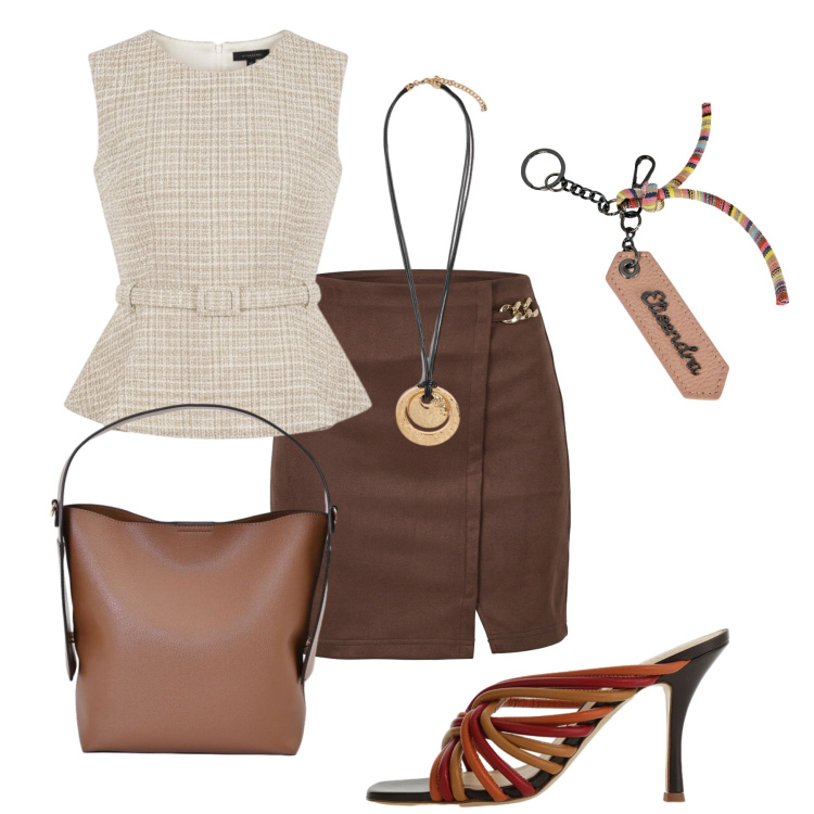 Outfit donna - Total look #2476239. Stile Bon Ton per Ufficio. Abbinamento con sandali col tacco, top, borse a mano, minigonne, ciondoli, portachiavi.