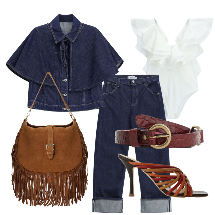 Outfit donna - Settembre. Stile Glamour per Tutti i giorni. Abbinamento con borse a spalla, body, blazer, jeans dritti, cinture, sandali col tacco.