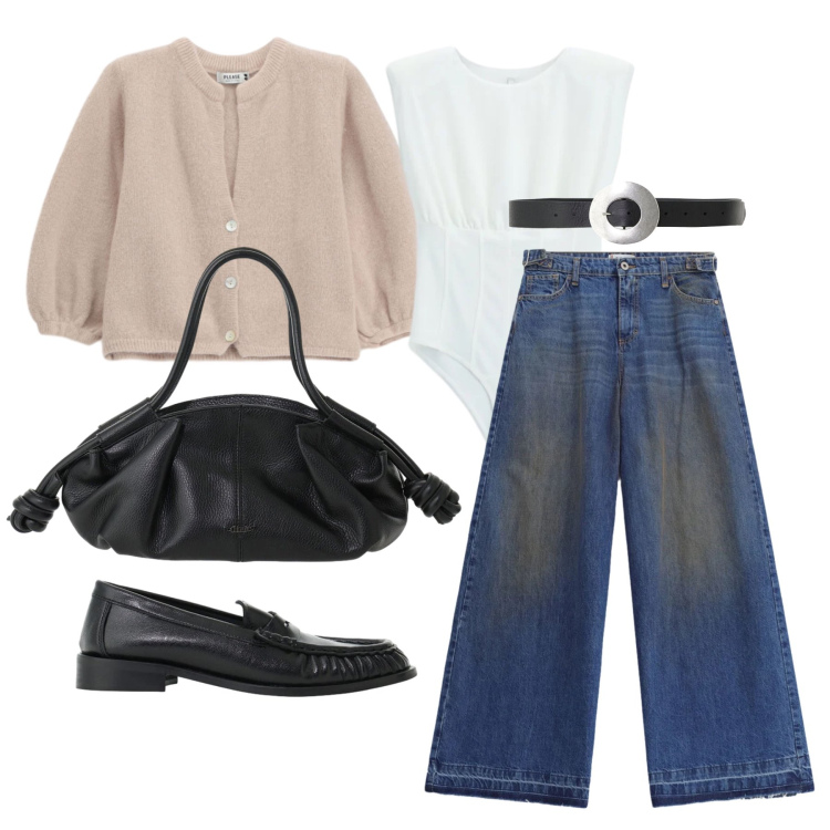 Outfit donna - Settembre. Stile Casual chic per Tutti i giorni. Abbinamento con mocassini, body, jeans, cardigans, borse a mano, cinture.
