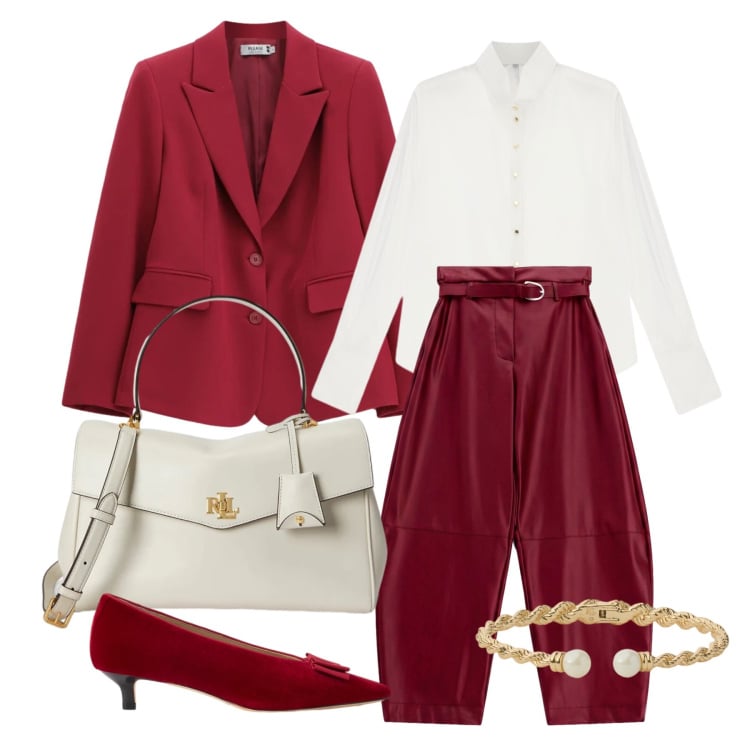 Outfit donna - Settembre. Stile Casual chic per Ufficio. Abbinamento con pantaloni, camicie, blazer, décolleté, borse a mano, braccialetti.