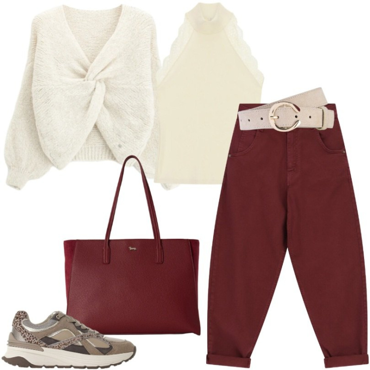 Outfit donna - Total look #2476248. Stile Basic per Tutti i giorni. Abbinamento con cinture, shopping bag, sneakers, top, maglieria, pantaloni.