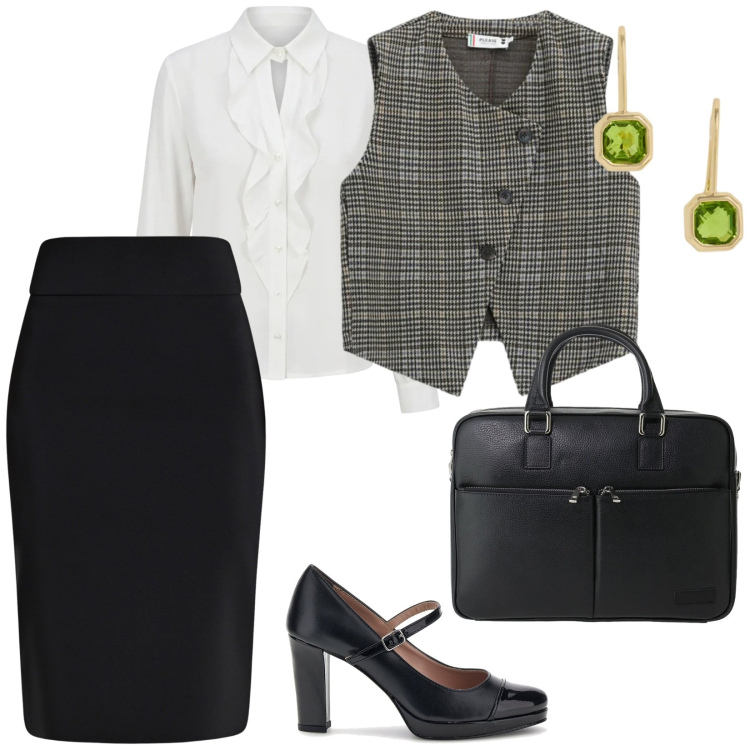 Outfit donna - Lavoro. per Ufficio. Abbinamento con borse messenger, gilet, gonne longuette, camicie, orecchini, décolleté.