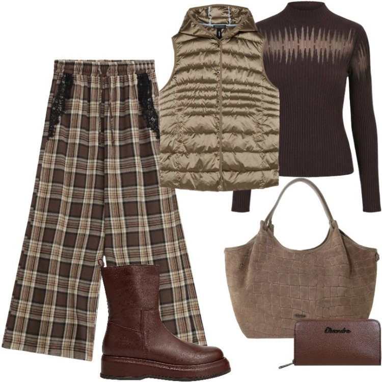 Outfit donna - Il layering di stagione. Stile Casual per Ufficio. Abbinamento con stivaletti, pantaloni a palazzo, borse a spalla, pullovers, piumini, portafogli.