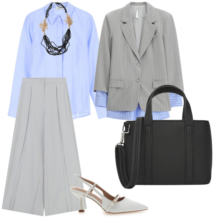 Outfit donna - Total look #2476268. per Ufficio. Abbinamento con pantaloni a palazzo, blazer, camicie, collane, borse a tracolla, décolleté.