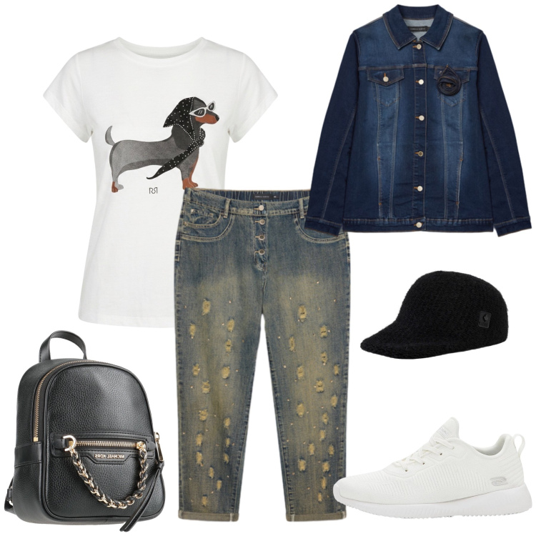 Outfit donna - Total look #2476269. Stile Casual chic per Tutti i giorni. Abbinamento con zaini, sneakers, t-shirt, cappelli con visiera, cappotti, jeans strappati.