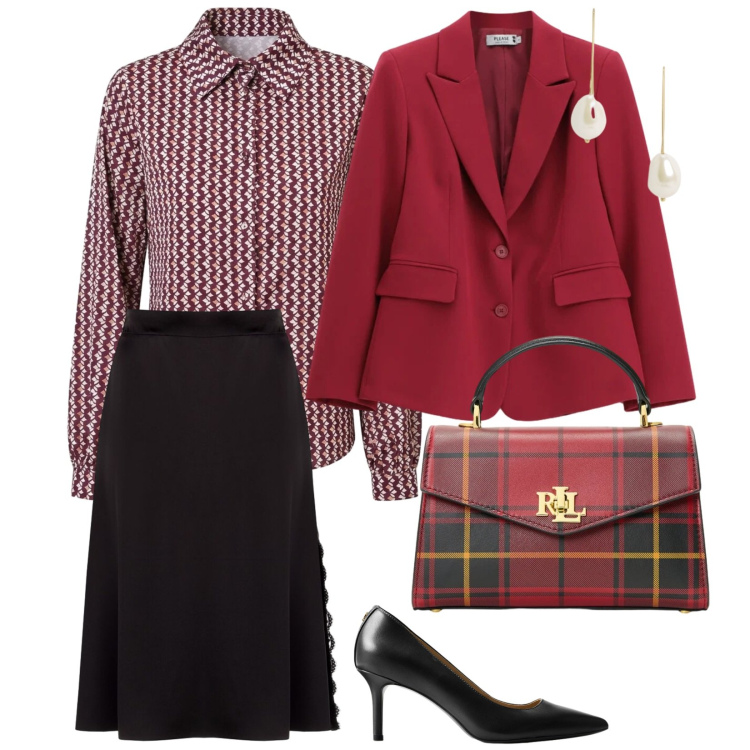 Outfit donna - Lavoro. per Ufficio. Abbinamento con blazer, gonne longuette, camicie, décolleté, orecchini, borse a mano.