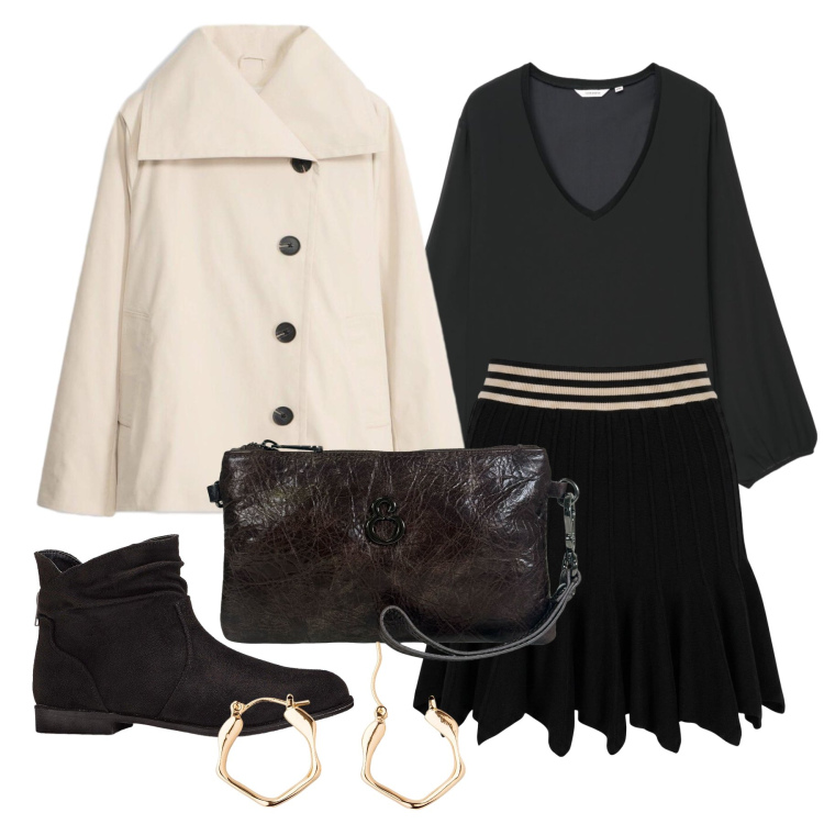 Outfit donna - Settembre. Stile Trendy per Tutti i giorni. Abbinamento con stivaletti, orecchini, trench, bluse, pochette, minigonne.