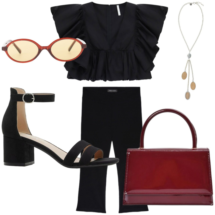 Outfit donna - Minimal. Stile Casual chic per Tutti i giorni. Abbinamento con sandali col tacco, top, occhiali da sole, collane, borse a mano, pantaloni.