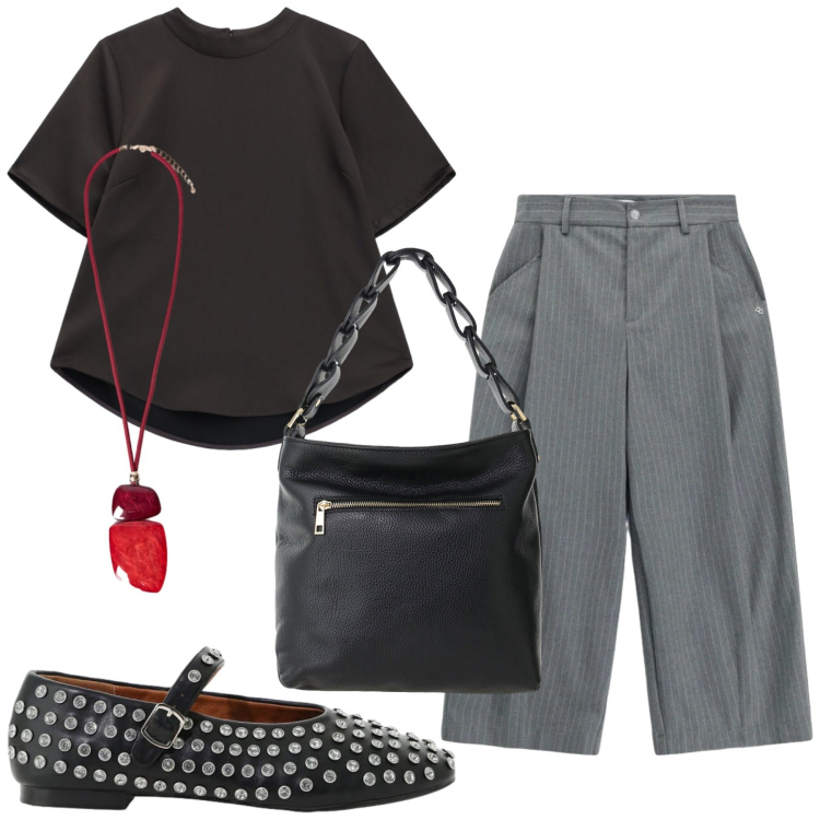 Outfit donna - Total look #2476314. Stile Trendy per Ufficio. Abbinamento con borse a spalla, t-shirt, pantaloni a palazzo, ballerine, ciondoli.