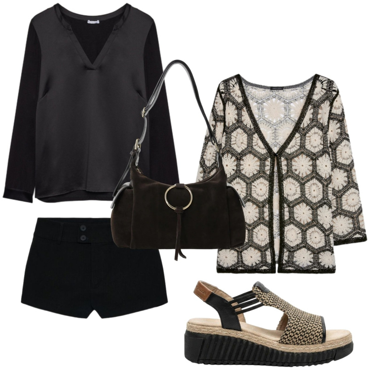 Outfit donna - Ancora estate. Stile Casual per Tutti i giorni. Abbinamento con sandali, shorts, borse a spalla, cardigans, t-shirt.