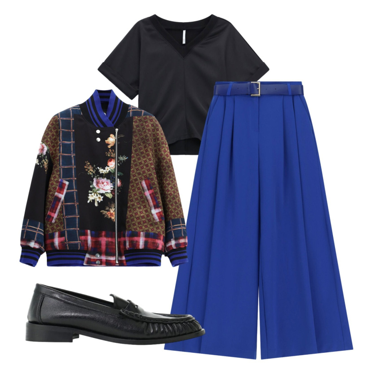 Outfit donna - Contemporanea Blu Royal. Stile Trendy per Ufficio. Abbinamento con pantaloni a palazzo, bomber, mocassini, t-shirt.
