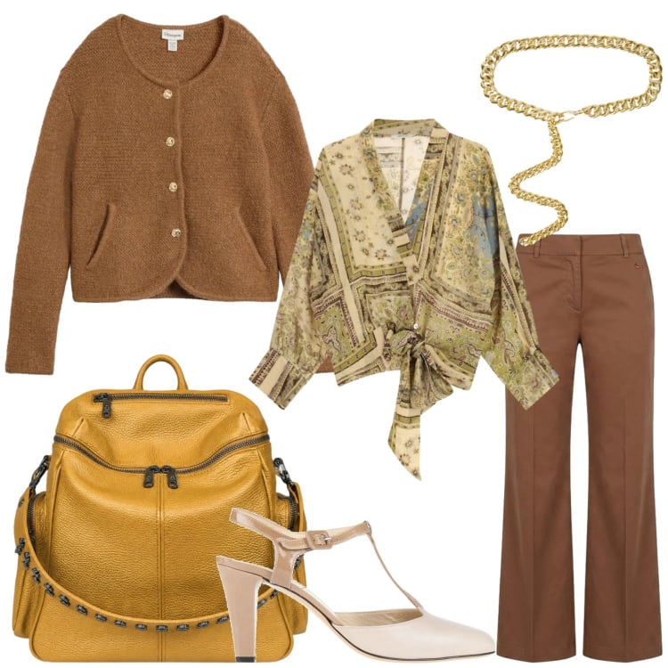 Outfit donna - Eleganza biscotto. Stile Casual per Ufficio. Abbinamento con décolleté, cardigans, pantaloni, camicie, cinture, zaini.