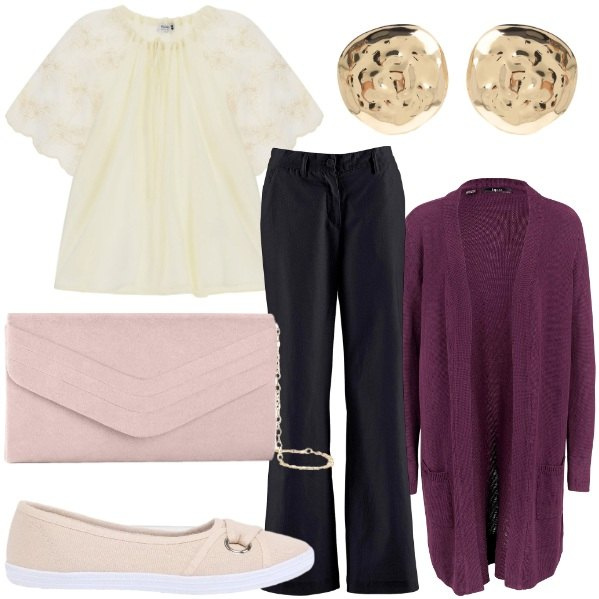 Outfit donna - Autunno. Stile Casual chic per Tutti i giorni. Abbinamento con cardigans, pantaloni, clutch, ballerine, bluse, orecchini.