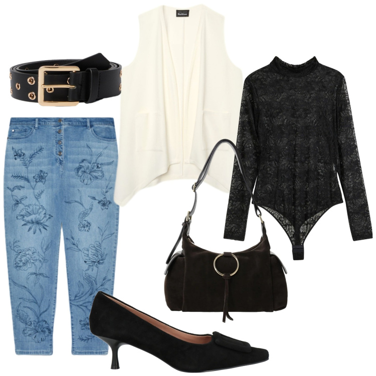 Outfit donna - Total look #2476320. Stile Casual chic per Ufficio. Abbinamento con décolleté, body, borse a spalla, cinture, jeans, gilet.