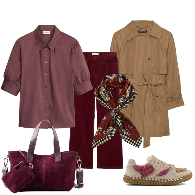 Outfit donna - Total look #2476324. Stile Casual chic per Tutti i giorni. Abbinamento con pantaloni, bluse, borse a mano, trench, foulard, sneakers.