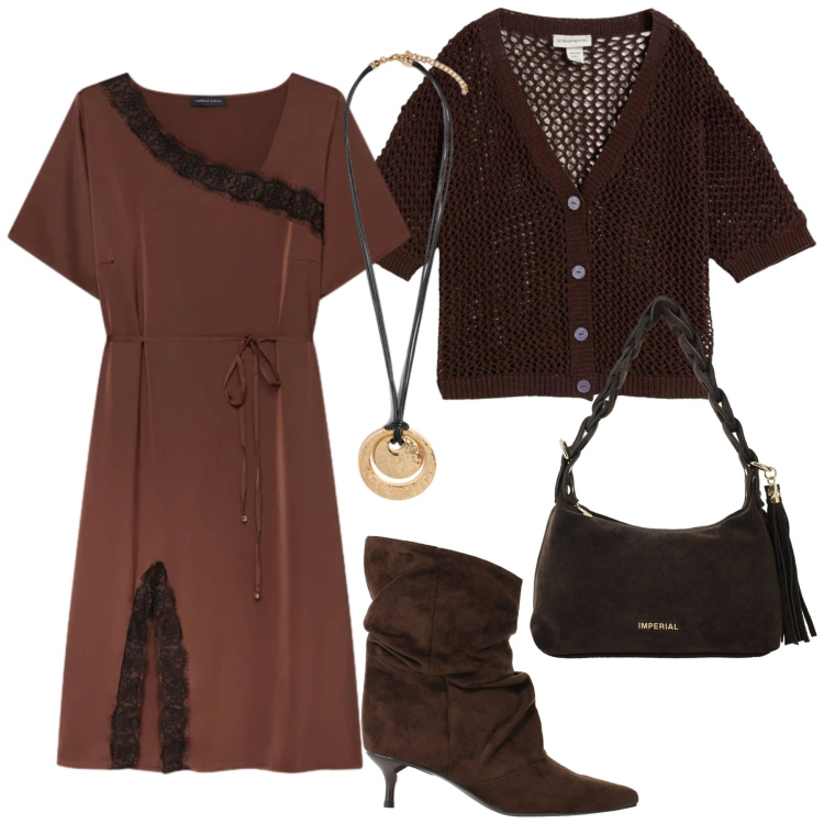 Outfit donna - Total look #2476326. Stile Glamour per Serata fuori. Abbinamento con cardigans, stivali, borse a spalla, vestiti midi/longuette, ciondoli.