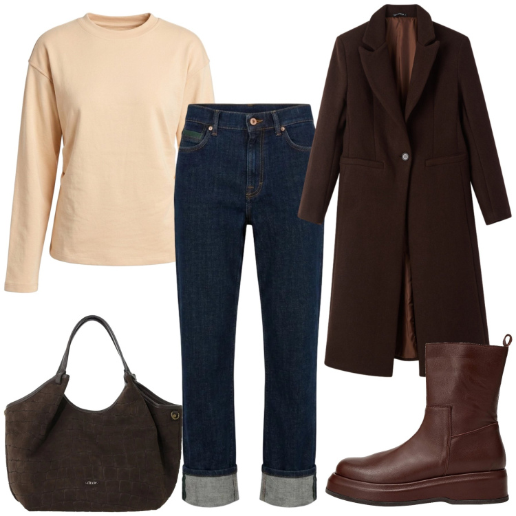 Outfit donna - Total look #2476329. Stile Casual chic per Tutti i giorni. Abbinamento con stivaletti, jeans dritti, cappotti, felpe, borse a spalla.