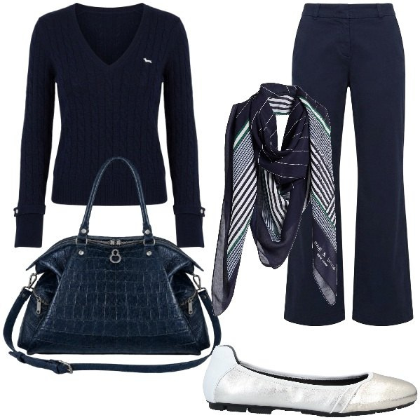 Outfit donna - Blu. Stile Casual chic per Ufficio. Abbinamento con ballerine, sciarpe, pantaloni, maglieria, shopping bag.